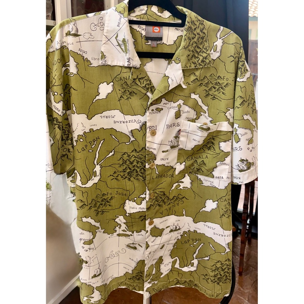Quiksilver Vintage Map Print Hawaiian Camp Shirt Men's Large Green Button Front
